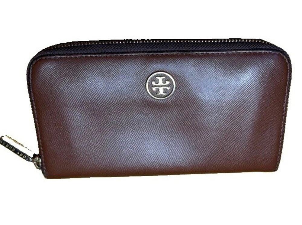 Tory Burch Robinson Brown Saffiano Leather Zip Around Continental Wallet Women's